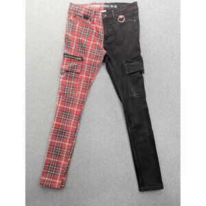 HT Denim Stinger Pants Mens 30x30 Red Plaid Black Split Leg Cargo Skinny Punk